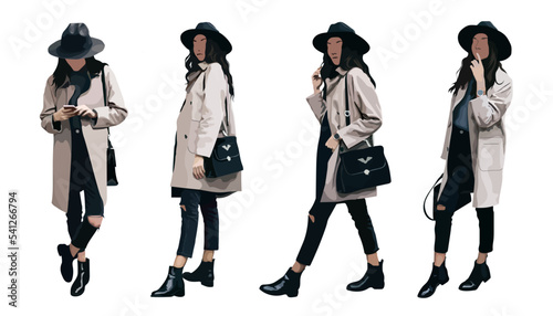 Collection of stylish young women dressed in trendy clothes set of fashionable casual and formal outfits bundle girls standing in different poses Flat cartoon colorful vector illustration.
