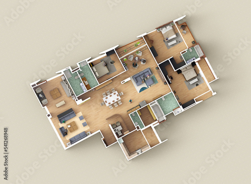 3 bedroom apartment Interior design isometric view 3d rendering