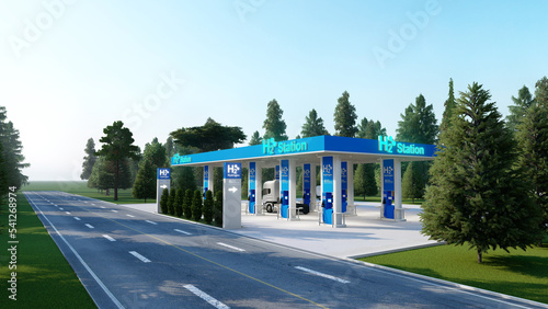 Hydrogen fuel car charging station white color visual concept design.  Power chargering station. 3d Rendering. 
 photo