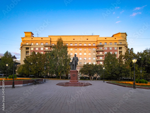 100-apartment house for nomenclatural elite and its architect Kryachkov monument. Architectural Monument of Federal importance on Krasny prospect,16 Novosibirsk,RUSSIA-may17,2022: photo