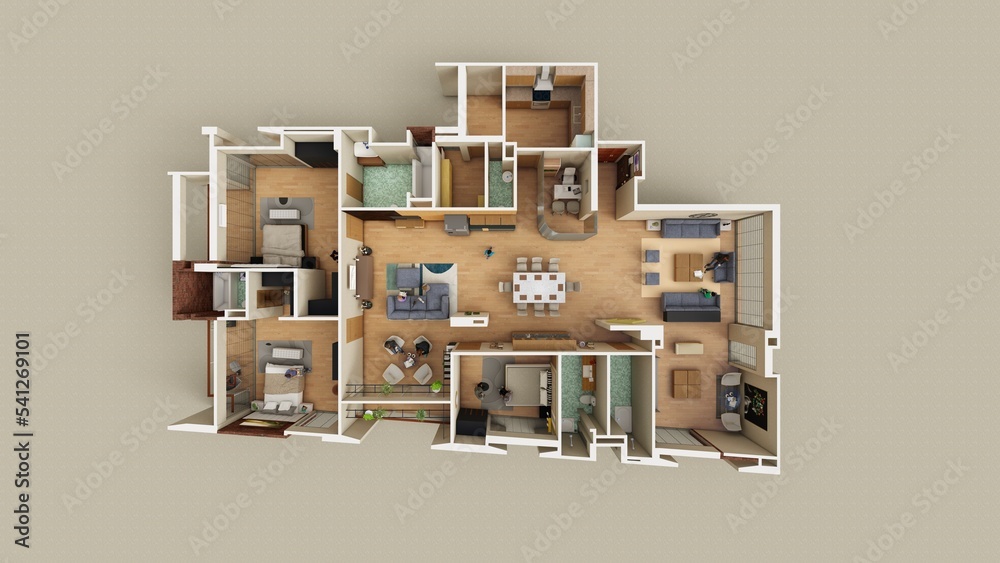 3 bedroom apartment typical floor plan 3d rendering top view Stock ...