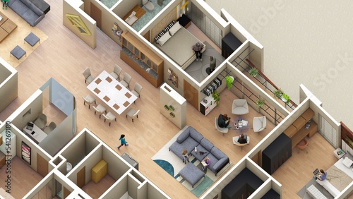 3 bedroom apartment isometric view 3d render