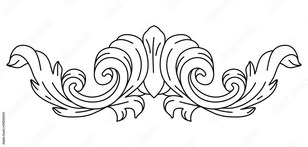Decorative floral element in baroque style. Engraved black curling plant. Decorative floral element in baroque style. Engraved black curling plant.
