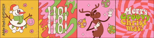 Groovy hippie Christmas greeting cards set. Snowman and reindeer cartoon characters, ho ho ho in trendy retro style. Merry Groovy Christmas poster, print, party invitation. Vector drawn illustration.