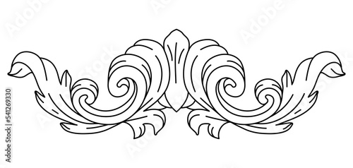 Decorative floral element in baroque style. Engraved black curling plant.