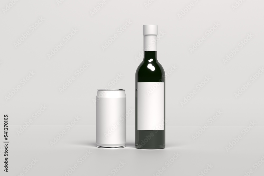3d render mockup bottles of wine or champagne and mockup empty white tin, with an empty label with a place for design 3d render mockup bottles of wine or champagne and mockup empty white tin, with an empty label with a place for design