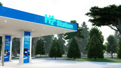 Hydrogen fuel car charging station white color visual concept design. Power chargering station. 3d Rendering. 