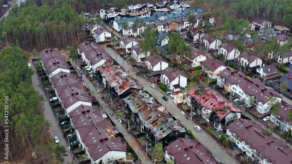Aerial view of the destroyed and burnt houses. Houses were destroyed by