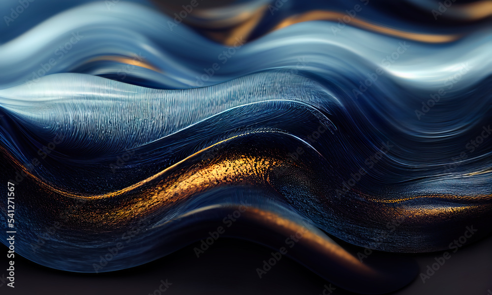 Naklejka premium Abstract wavy blue wallpaper. Waves background with curvy golden shiny details . 3D rendering background with bluish colors for graphic design, banner, illustration, poster