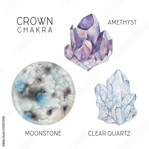 Crown chakra crystals set. Watercolor chakra stones, healing crystals, talismans. Quartz Moonstone Amethyst gemstones isolated on white background. Hand painted gems