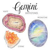Gemini birthstones set. Watercolor zodiac stones, healing crystals, birthday talismans. Agate Moonstone Citrine gemstones isolated on white background. Hand painted gems