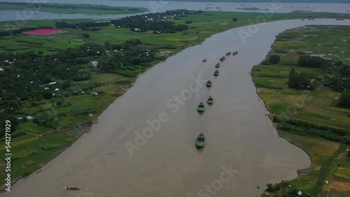 Aerial view of boats sailing the river in Munsiganj, Bangladesh. photo