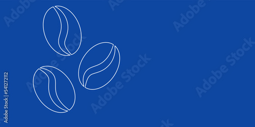 A large white outline coffee beans symbol on the left. Designed as thin white lines. Vector illustration on blue background