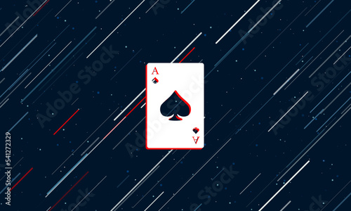 Large white ace of spades card framed in red in the center. The effect of flying through the stars. Vector illustration on a dark blue background with stars and slanted lines