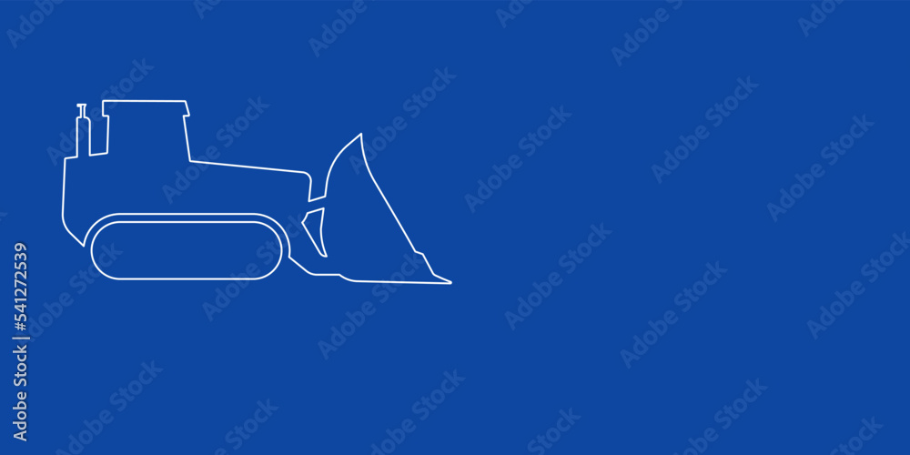 A large white outline bulldozer symbol on the left. Designed as thin white lines. Vector illustration on blue background A large white outline bulldozer symbol on the left. Designed as thin white lines. Vector illustration on blue background