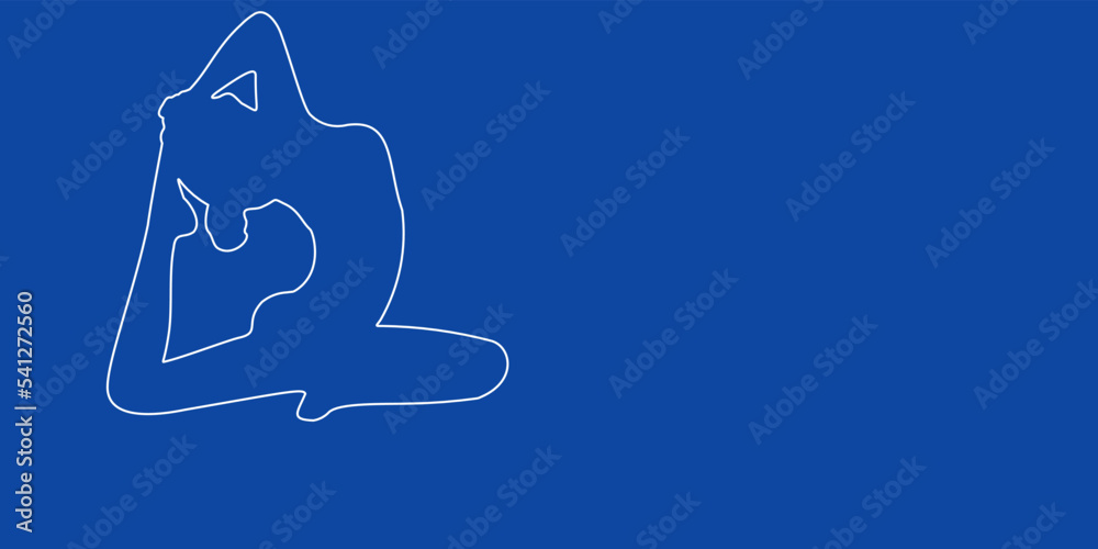 A large white outline yoga stretching pose symbol on the left. Designed as thin white lines. Vector illustration on blue background A large white outline yoga stretching pose symbol on the left. Designed as thin white lines. Vector illustration on blue background