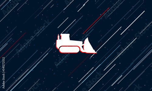 Large white bulldozer symbol framed in red in the center. The effect of flying through the stars. Vector illustration on a dark blue background with stars and slanted lines