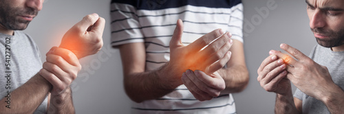 Photos Caucasian man with pain in hand.