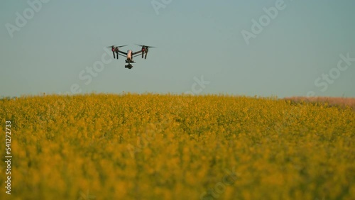 Flying white drone with digital camera in sunny day. Footage of quadcopter on background of yellow field. Technology, agriculture concept. Summer, outdoor. Terrain scanning