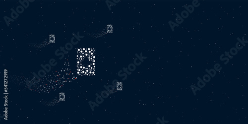 A ace of clubs card filled with dots flies through the stars leaving a trail behind. There are four small symbols around. Vector illustration on dark blue background with stars