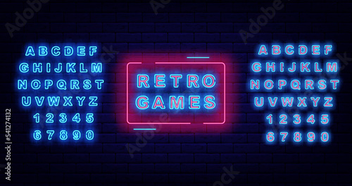 Retro games neon signboard. Pink frame. Luminous blue alphabet. Glowing advertising. Vector stock illustration