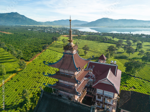 Aerial view of Buu Minh pagoda near Pleiku city, Gia Lai province, Vietnam. Morning views of pagoda and tea fields photo