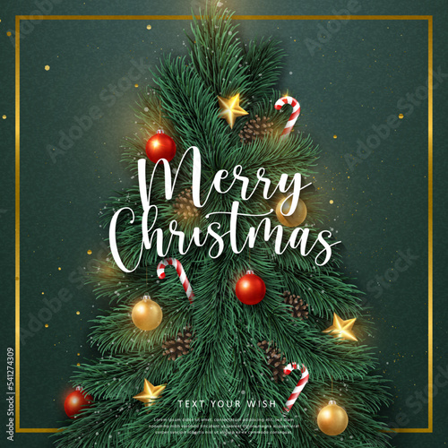 Merry Christmas composition 3D realistic pine fir tree candy cane decoration bauble and star ornaments