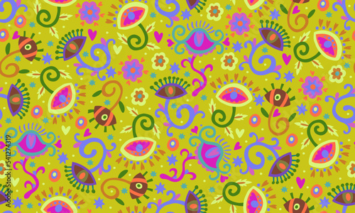 Seamless psychedelic floral yellow pattern. Pink and green flower eyes on green background. Bed linen and apparel textile. Wrapping and gift paper. Cover books and scrapbooking.