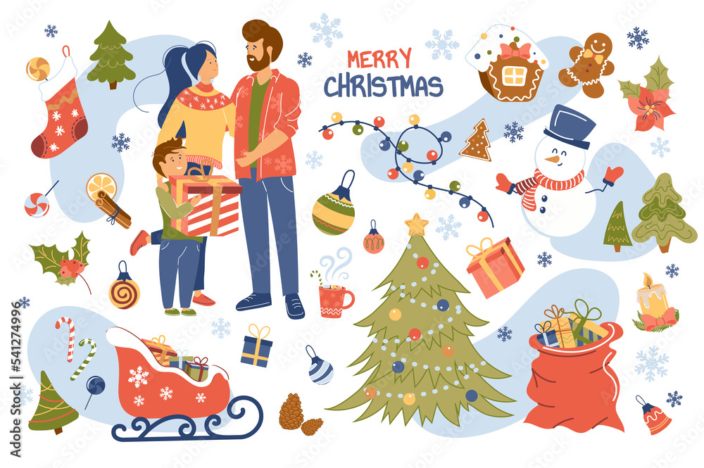 Fototapeta premium Merry Christmas concept isolated elements set. Collection of family celebrating holiday together, tree, gift bag, sleigh, snowman, festive decor and other. Illustration in flat cartoon design