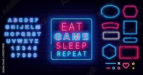 Eat game sleep repeat neon signboard. Various frames collection on brick wall. Vector stock illustration