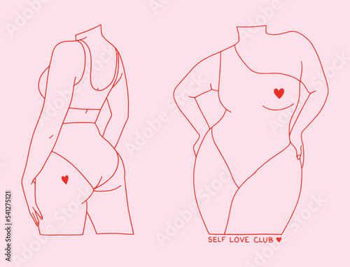 Set of illustrations of different female bodies, red on pink background. Body positive, shapes, different postures. Vector illustration.