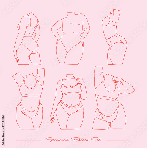 Set of illustrations of different female bodies, red on pink background. Body positive, shapes, different postures. Vector illustration.