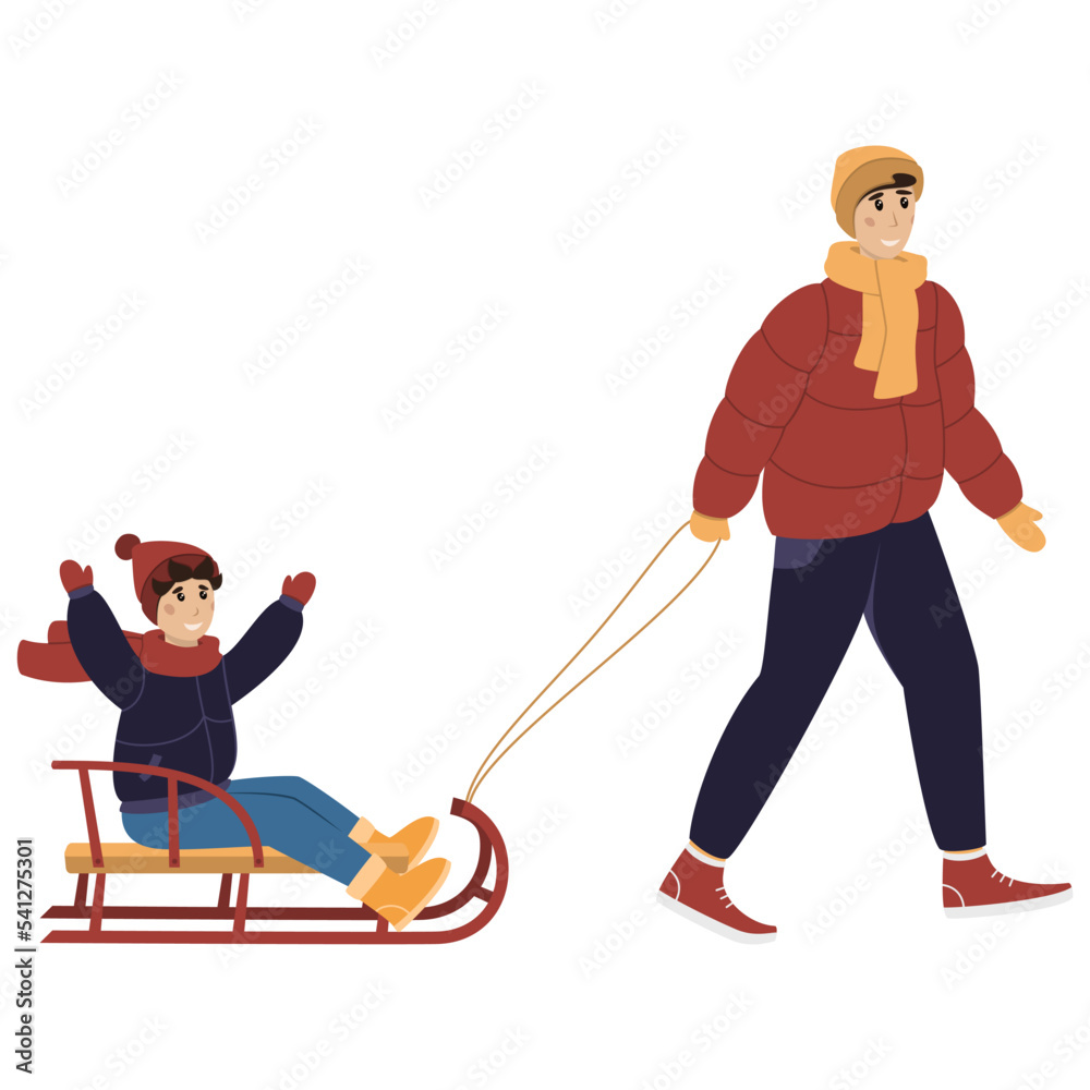 Obraz premium Dad rides a happy son on a sled. New Year, Christmas, vector graphics