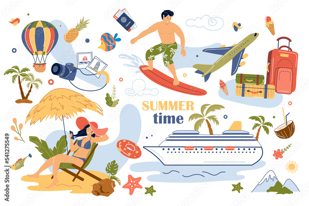 Summertime concept isolated elements set. Collection of man surfing, woman sunbathing on beach, jetliner, hot air balloon, flight and luggage and other. Illustration in flat cartoon design