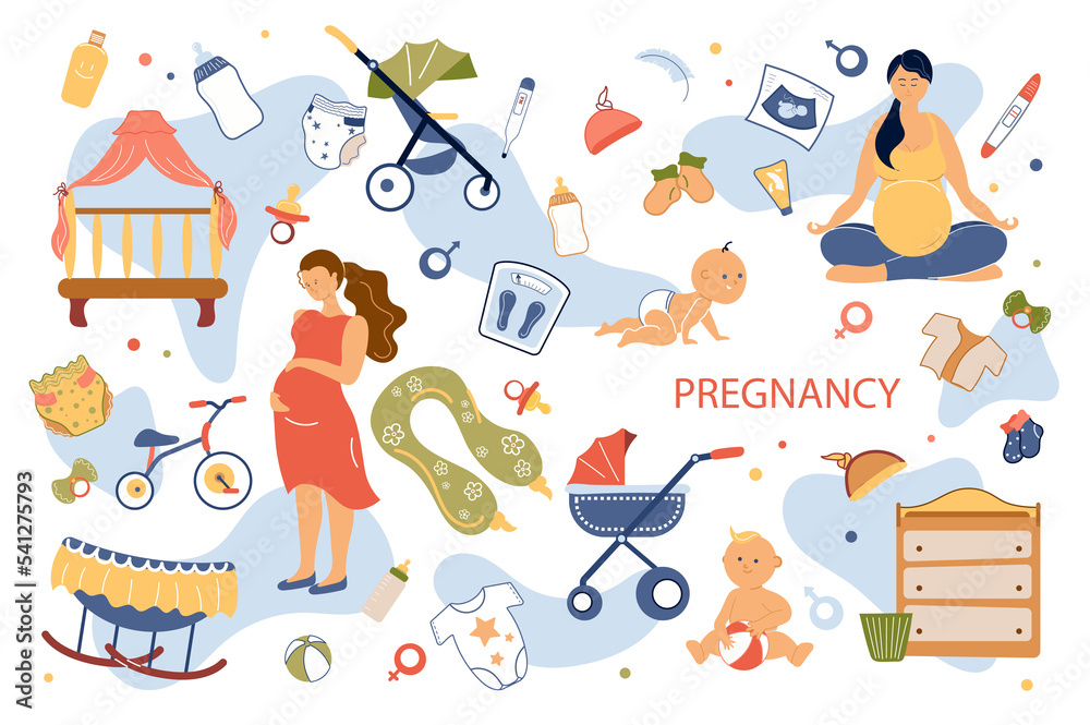 Pregnancy concept isolated elements set. Collection of pregnant woman hugging belly, doing yoga, baby care, crib, stroller, toys, bottles, clothes and other. Illustration in flat cartoon design