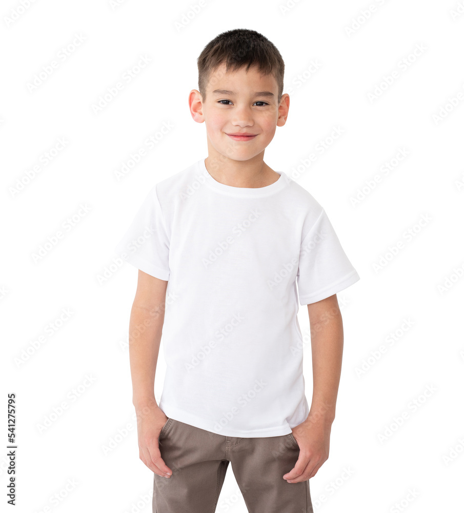 T shirt mock up. Smilling little boy in blank white t-shirt isolated on a white background. T shirt mock up. Smilling little boy in blank white t-shirt isolated on a white background.