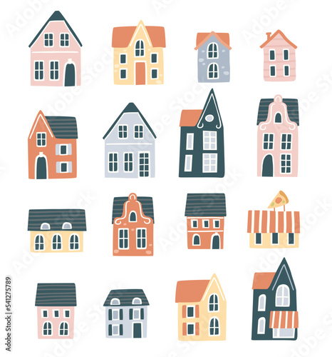 Vector set, collection of amsterdam, holland houses, building isolated on white.