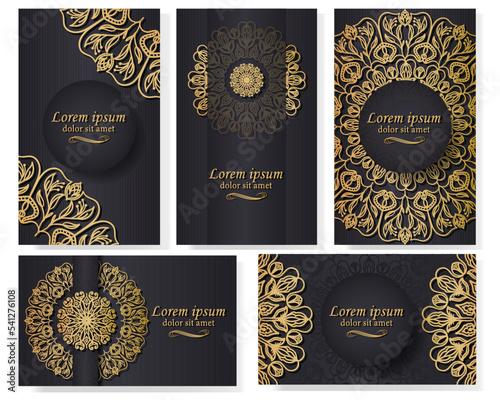 Golden mandala. Five luxurious black backgrounds depicting an ethnic element. 