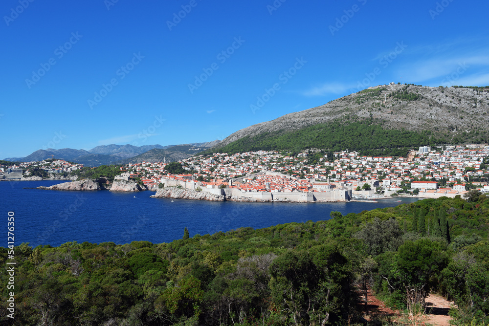 panoramic city view to Dubrovnik from the island Lokrum, Croatia