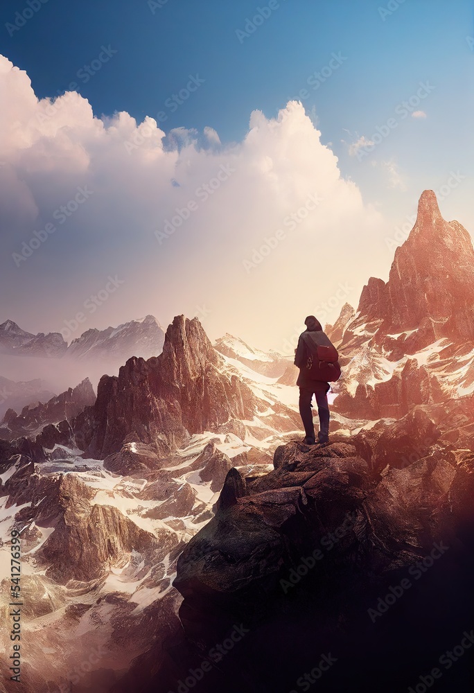 Fototapeta premium man standing on ground looking up rocky mountain generative ai