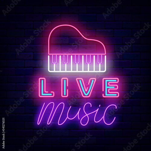 Live music neon signboard. Piano icon. Classic musical concert. Shiny lettering. Vector stock illustration