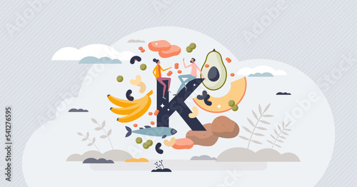 Potassium in food as natural mineral source for health tiny person concept. Healthy eating with organic nutrients and vitamins vector illustration. Nutrition rich diet for vegetarian daily lifestyle.