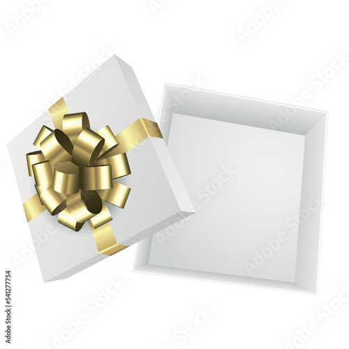 White open gift box with a gold bow - Christmas and birthday present collection