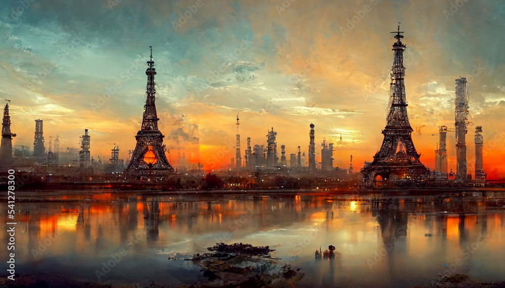 Paris skyline panorama at sunset with Eiffel Tower France. Digital art and Concept digital illustration.