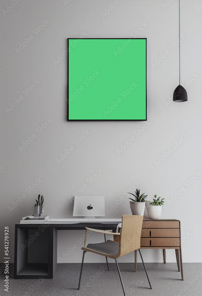 Canvas on the wall of a office room with table, chair and other furniture, grey and white tone of office. Layout for 3d rendering design. Canvas mockup in cabinet. Canvas on the wall of a office room with table, chair and other furniture, grey and white tone of office. Layout for 3d rendering design. Canvas mockup in cabinet.
