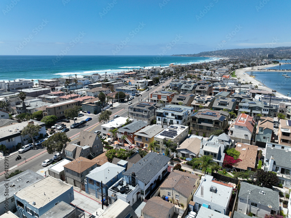 Aerial view of Mission Bay and beach in San Diego, California. USA. Famous tourist destination