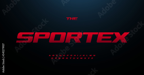 Wide italic bold font simple expanded alphabet extended letters. Red racing headline and automotive logo for sport, race, car service, esports, shirts, games, and speedy cinema. Vector typography