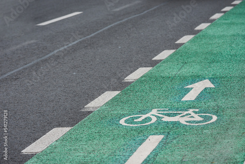 Bicycle road mark on a green lane next to car lane sectioned by a disrupted white line
