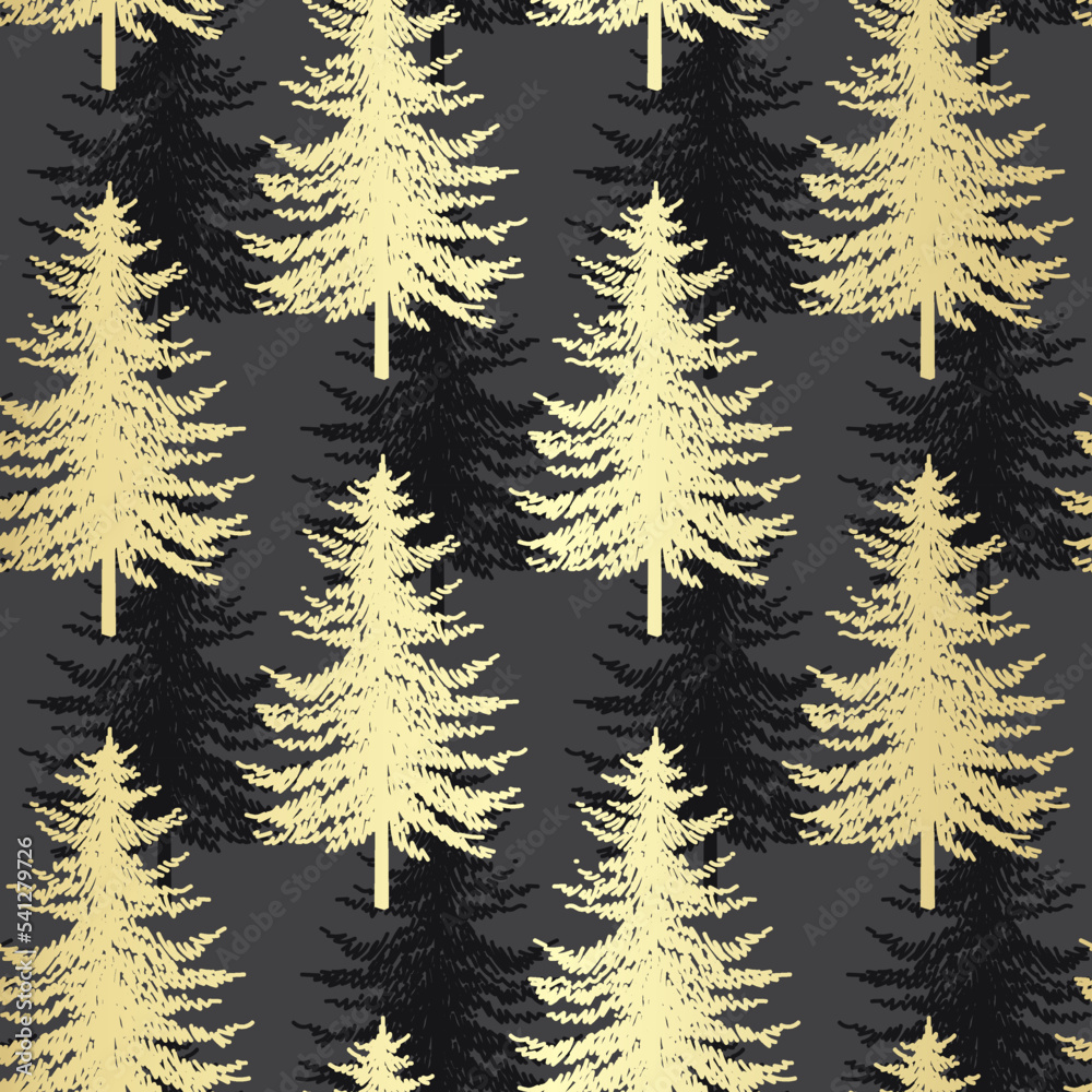 Obraz premium Christmas tree seamless pattern. Noel gold on black print, New year winter decoration, golden christmas background with firs and snowflakes, wallpaper, wrapping paper design