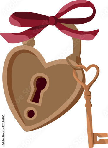 Vector lock in the shape of a heart with a red bow and a key